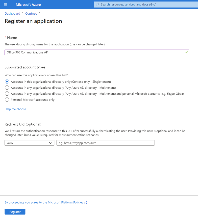 Azure Active Directory - Registering a new application