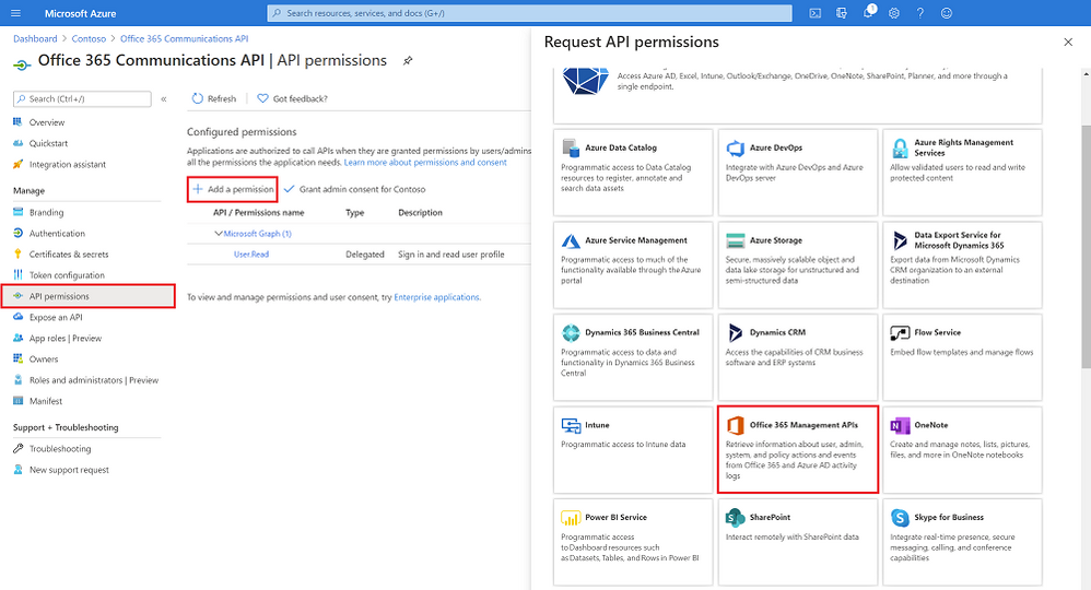 Adding the O365 Management API to the newly created app registration
