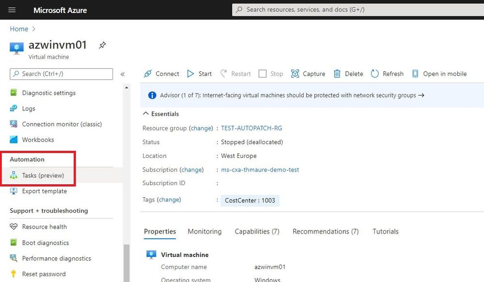 Create automation task for an Azure resource