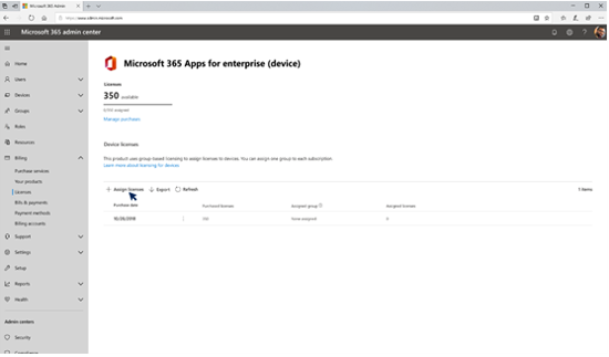 Assigning licenses to devices in Microsoft 365 admin center.