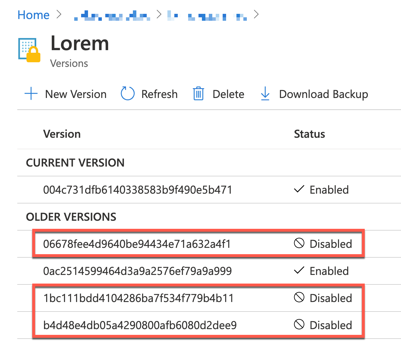 Secret Versions Disabled