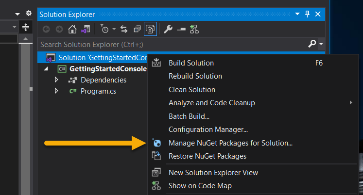 Option to manage NuGet packages in the solution right-click menu