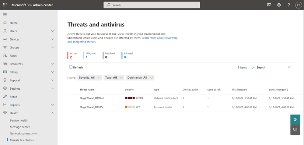 View a consolidated list of threats right from the Microsoft 365 Admin Center