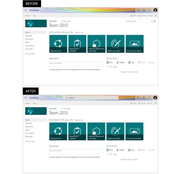 Classic SharePoint pages in Microsoft 365 will start using Microsoft Search, which provides personalized results with higher relevance. Top show the classic search experience – note the top-right search box, and the bottom shows a classic site using Microsoft Search – the search box at the center top.