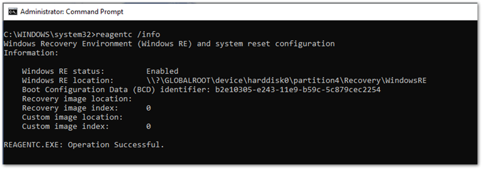 Output of the ReAgentC.exe command in Command Prompt