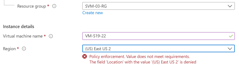 VM creation warning on location not meeting Azure Policy assignment