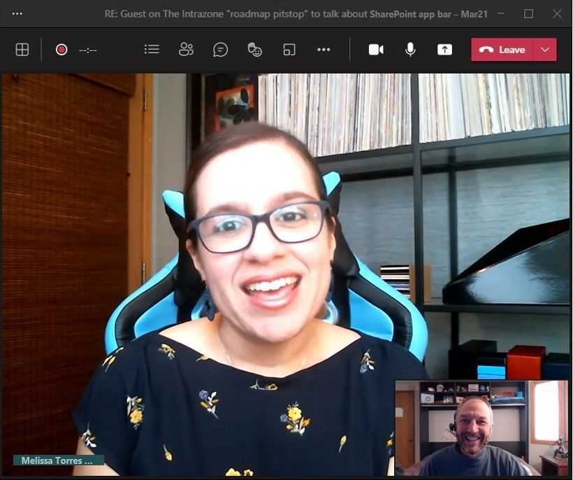 Melissa Torres, principal program manager at Microsoft [Intrazone guest], with little Mark Kashman [co-host] in the bottom right corner during our interview over Teams.