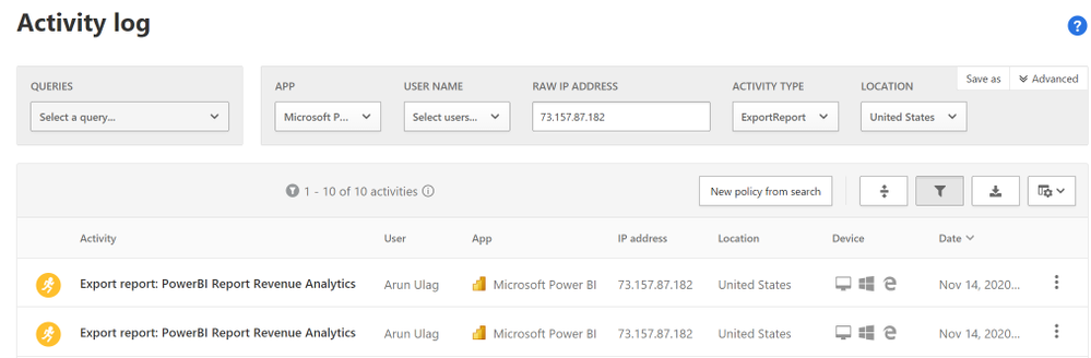 Figure 2.1: Power BI audit events in Cloud App Security activity log