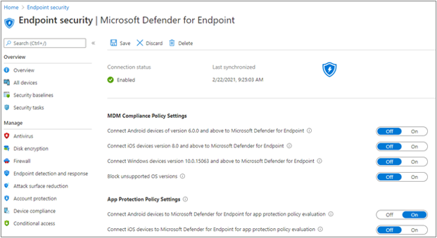 Microsoft Defender for Endpoint connector status settings in the MEM admin center