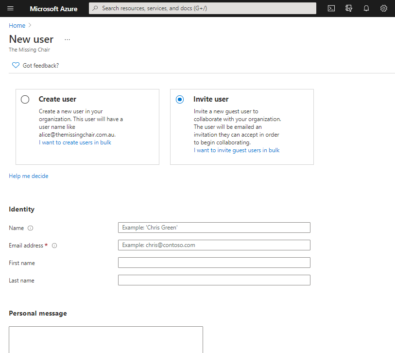 Adding a new guest user to Microsoft 365 takes you to the Azure Active Directory interface