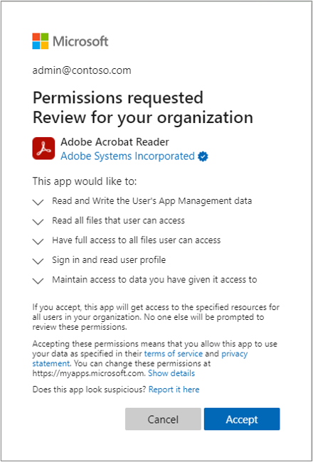 Admin consent - Permissions requested for review and approval process