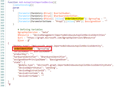 Example screenshot of the "$groupTag" property in the WindowsAutoPilotIntune script.