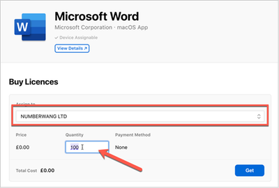 Example screenshot of purchasing the Microsoft Word app with license count