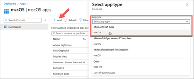 Selecting the Microsoft 365 Apps in the MEM admin center