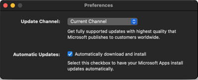 Screenshot of the Microsoft AutoUpdate (MAU) tool and Preferences options
