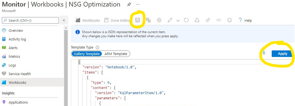 Screenshot of the Workbooks user interface for applying and saving a new workbook from existing code