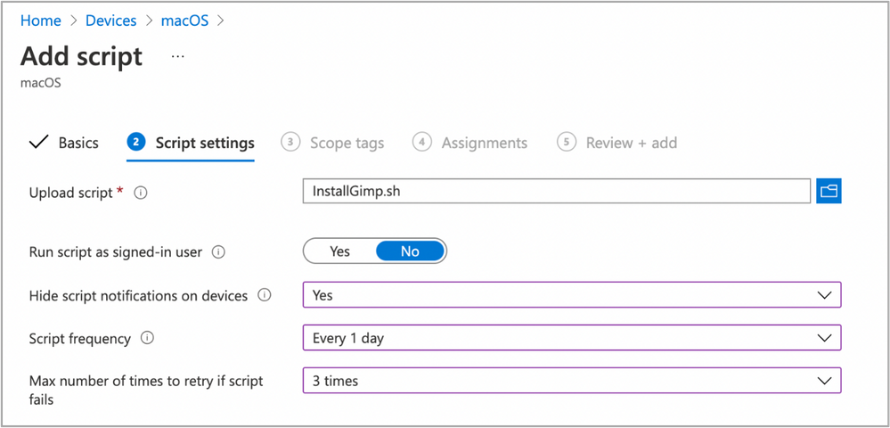 Example script properties for macOS scripts in Intune