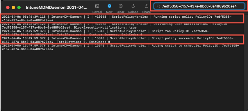 Example screenshot of filtering out the IntuneMDMDaemon*log on a macOS device