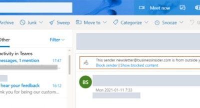 Native external sender callouts on email in Outlook