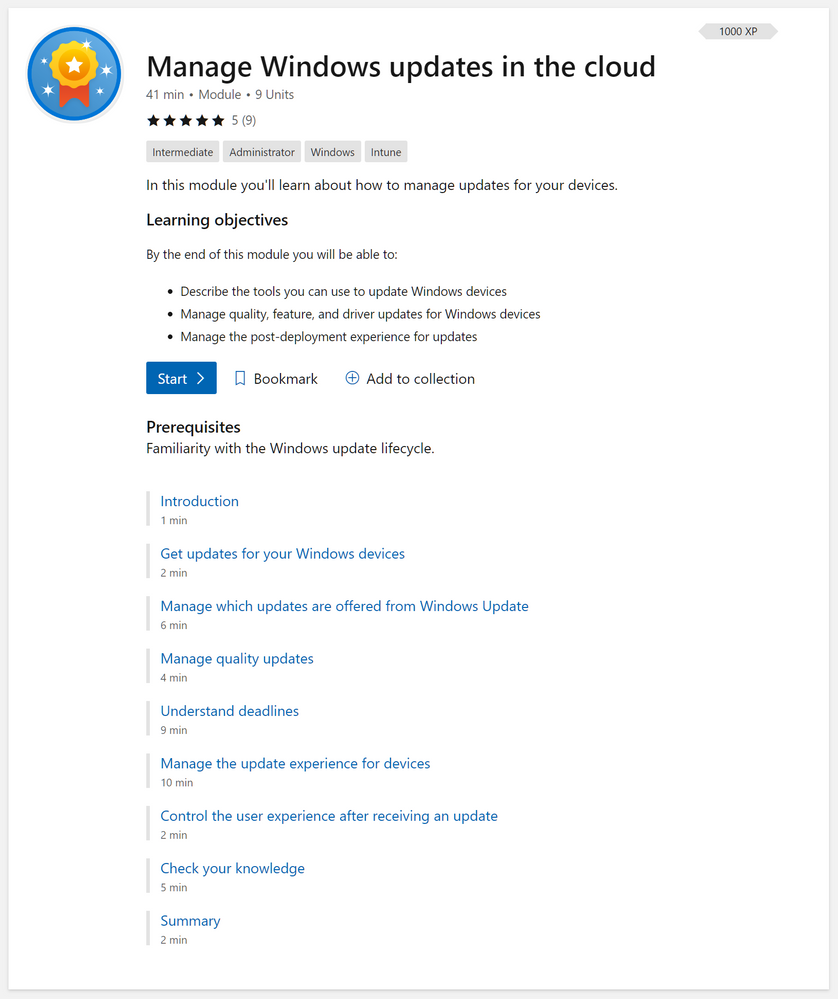 Screenshot of the full "Manage Windows updates in the cloud" learning module