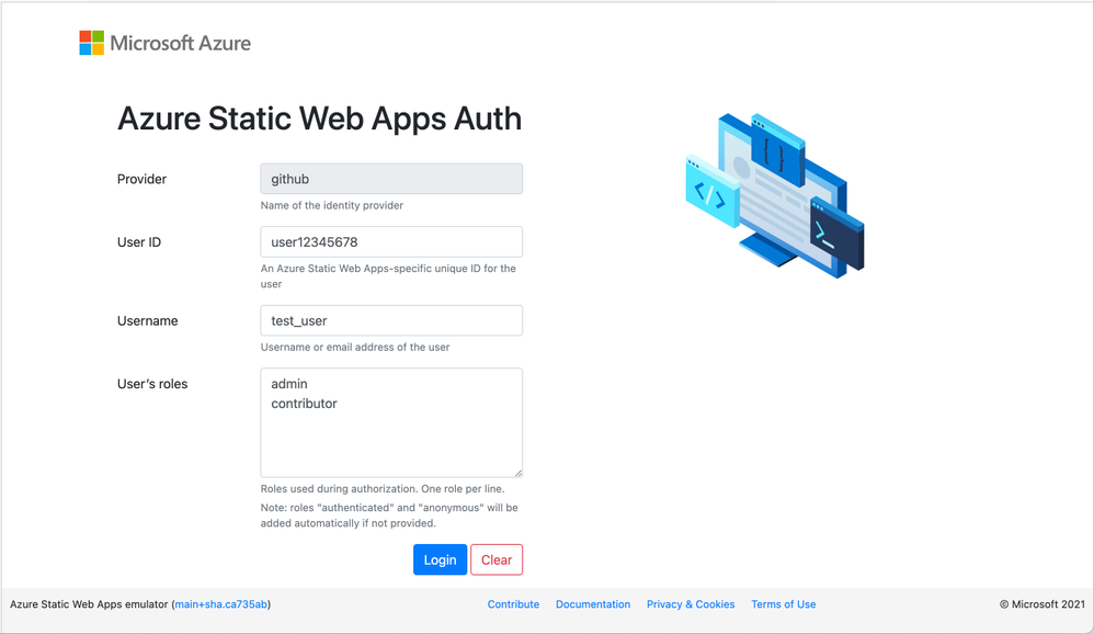 Static Web Apps CLI local authentication page