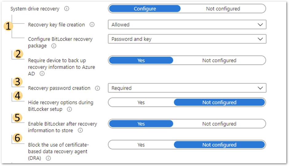 Azure AD joined device system drive recovery settings