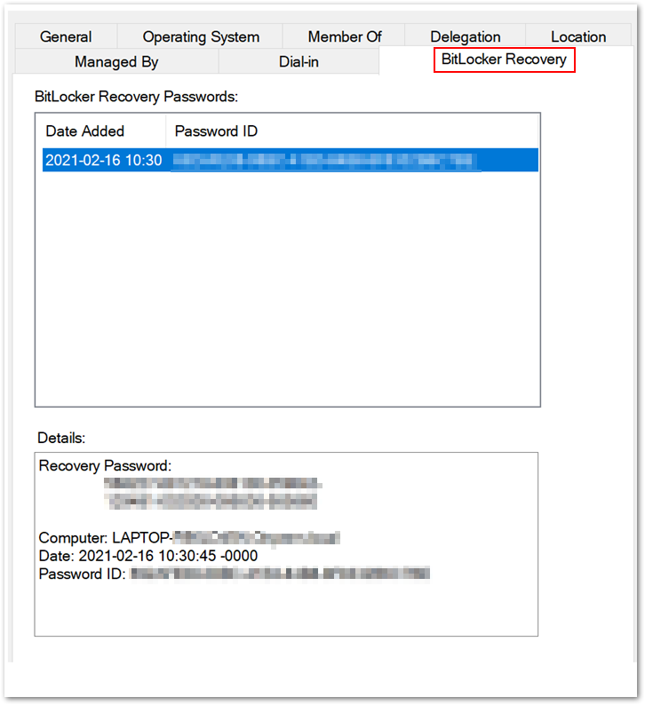 BitLocker Recovery tab in the Properties dialog box