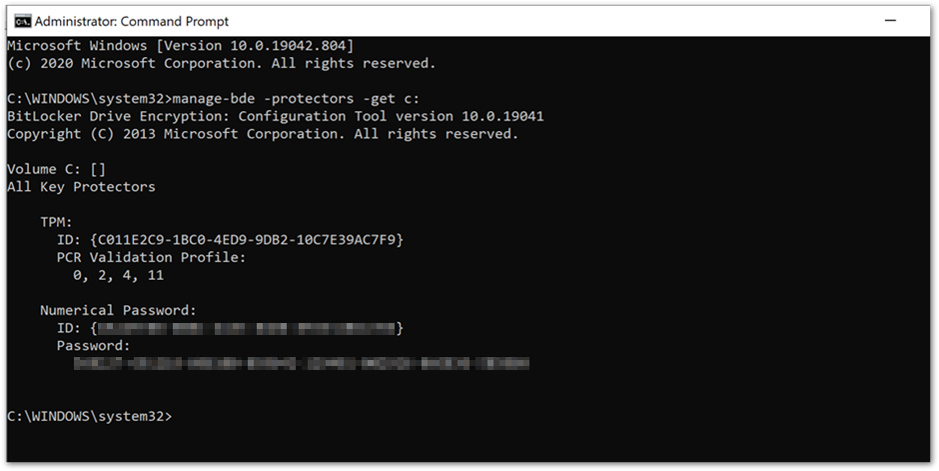 Manage-bde command prompt showing key protectors