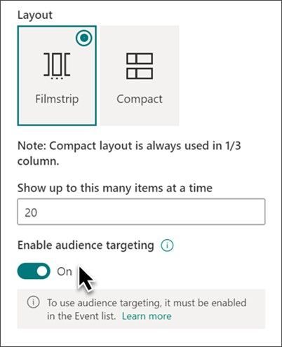 When you turn on audience targeting, you can make it so certain events within the Events web part appear, or don't, for certain people and/or groups.