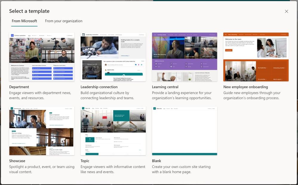 You'll find Microsoft-provided templates when you create new sites in Microsoft 365, alongside any custom templates you may have deployed.