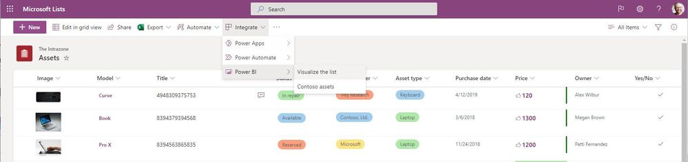 From within Microsoft Lists, click Integrate > Power BI > Visualize this list to open your data into a new Power BI dashboard.