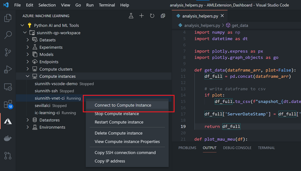 Azure ML extension tree view context menu option