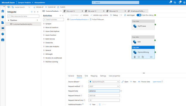 Figure 3: “Opinion Mining” copy data activity in the data pipeline to invoke API for sentiment analysis