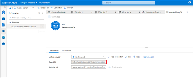 Figure 4: Activity in the data pipeline calling the API in Azure Cognitive Services