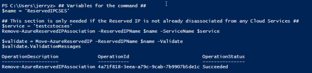 PowerShell commands to verify association between classic Cloud Service and generated reserved IP