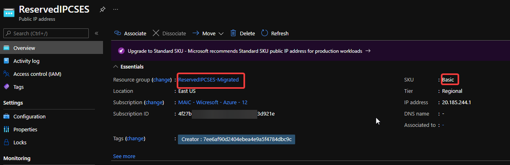 Migrated basic tier reserved IP