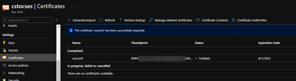 Upload certificate into Key Vault result