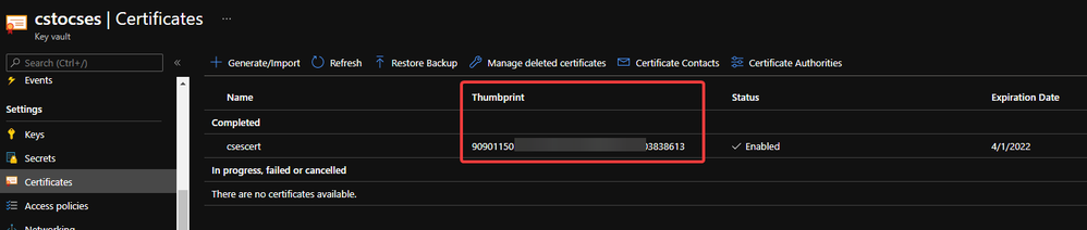 Thumbprint of the certificate in Key Vault