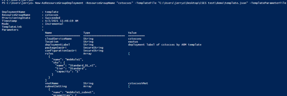 ARM template deployment result