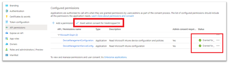 Granting admin consent for the organization in Azure Active Directory.