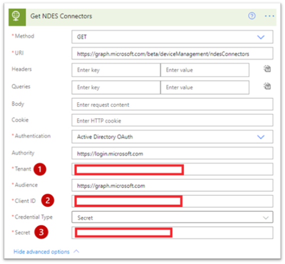 HTTP action properties for the ndesConnectors flow.