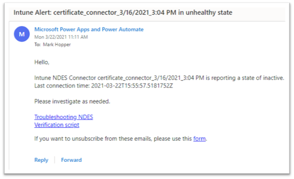 Example screenshot of an email notification sent to an admin.
