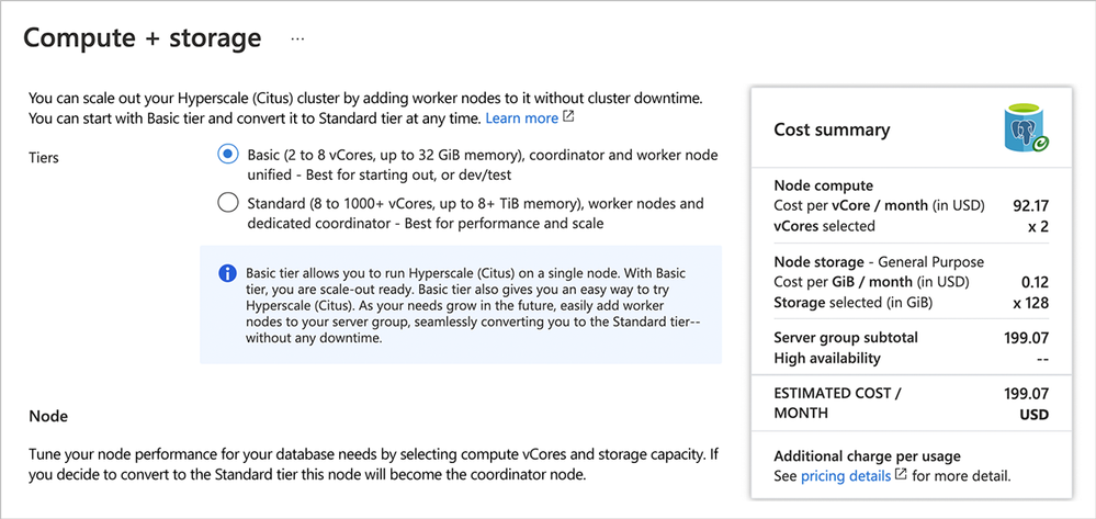 Figure 2: Pick Basic tier to provision a single Hyperscale (Citus) node, to start small and be scale-out-ready. Later in the post, we’ll scale out to Standard tier as well.