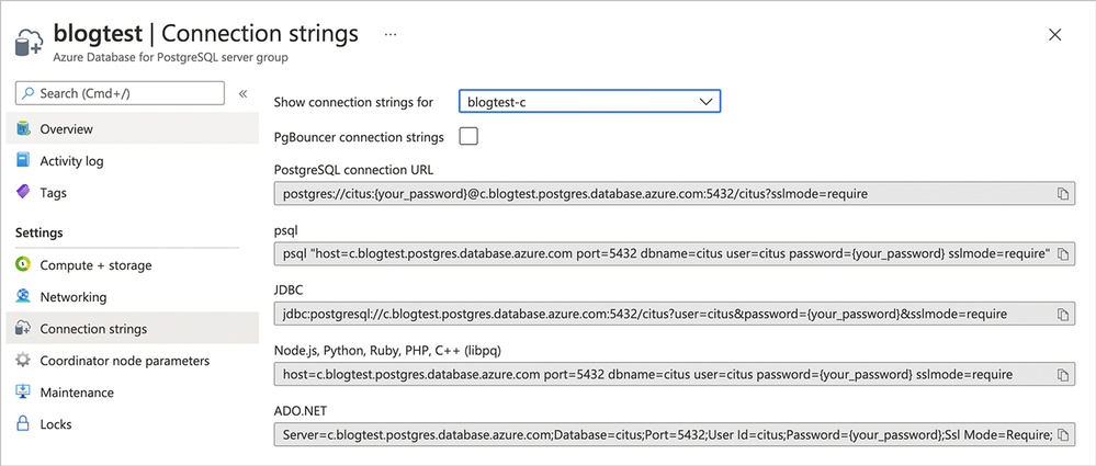 Figure 3: Find the “Connection strings” which we’ll use to connect to the Hyperscale (Citus) server group.
