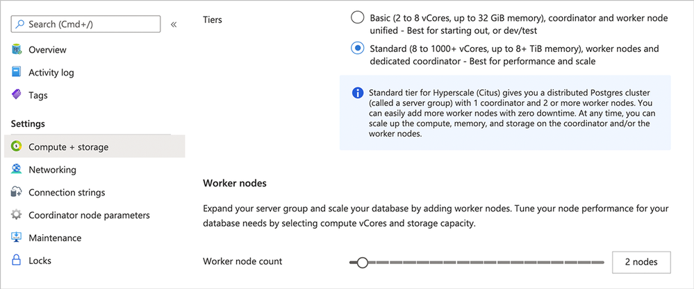Figure 5: Switch from Basic tier to Standard tier in Hyperscale (Citus) on the Azure Portal’s Compute + storage screen.