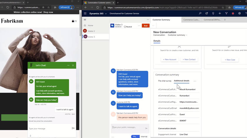 Two screens showing a customer's chat interaction with a virtual agent on a website and the same chat showing up for Customer Service agent in Dynamics 365