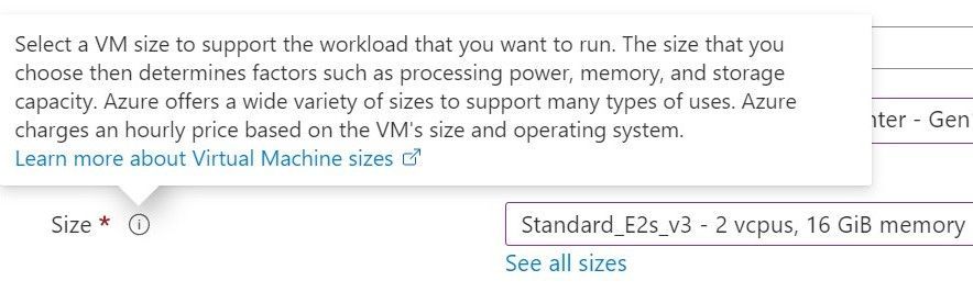 Azure portal VM size information