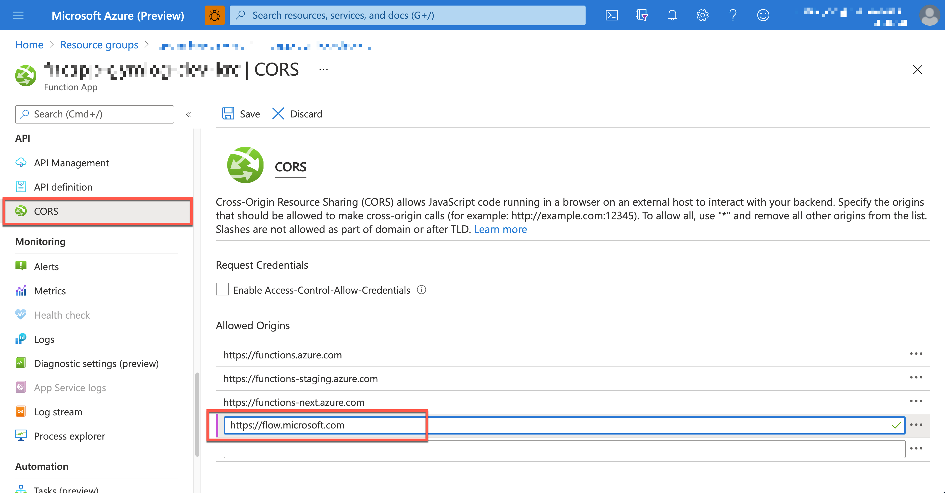Azure Functions App CORS