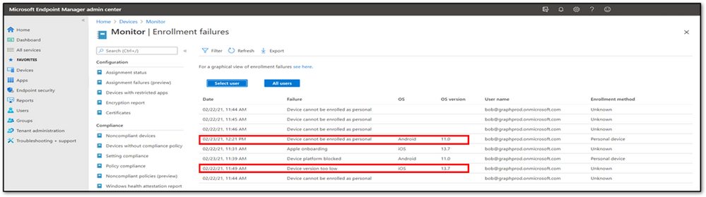 Example enrollment errors for iOS and Android devices.