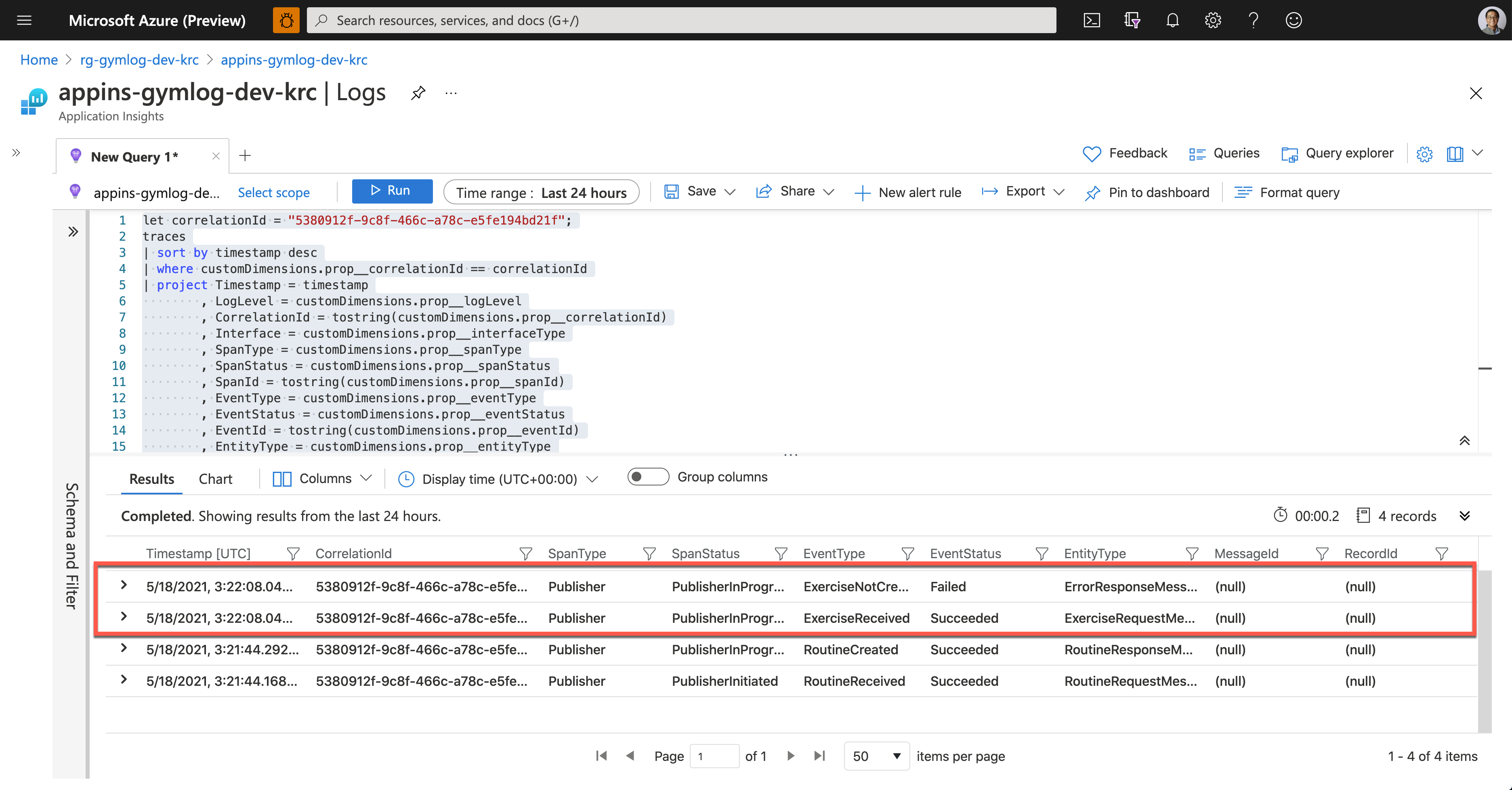 Application Insights Kusto Query Result - Failed